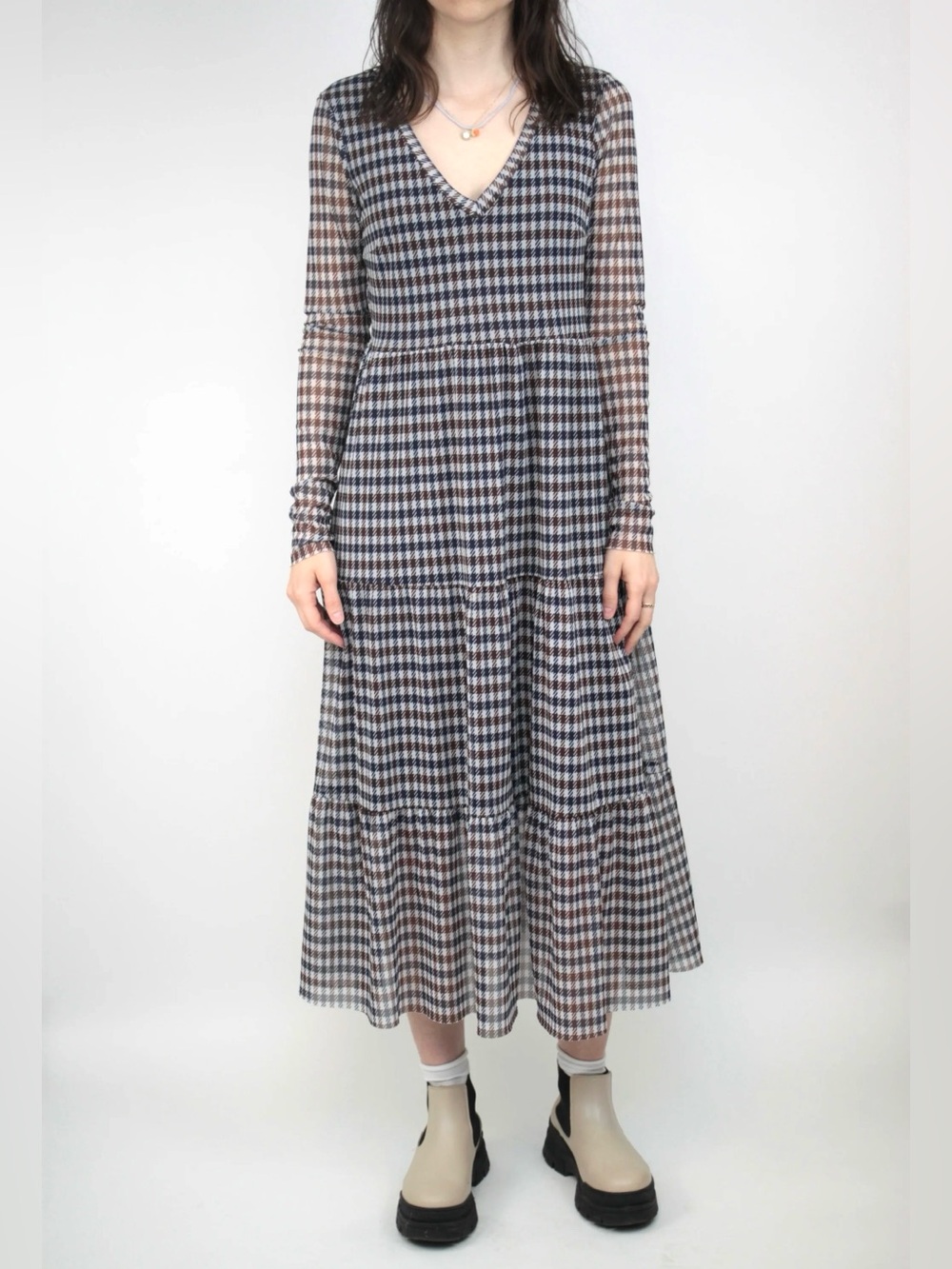 BAUM UND PFERDGARTEN Mesh Houndstooth Check Long Sleeve Tiered Ruffle Dress S